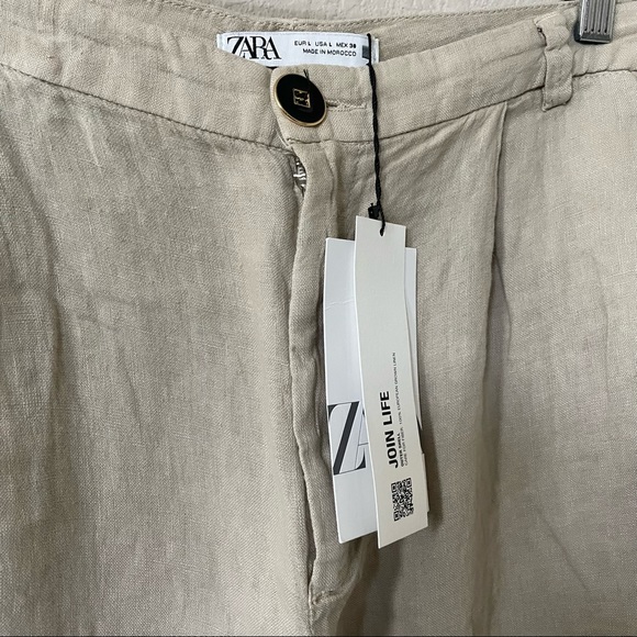 NWT Zara High-Waisted Pleated Wide Leg Linen Pants In Sand Sz:L - Picture 6 of 7